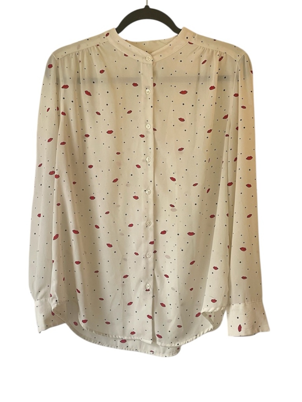 Novelty lip print semi sheer button up polka dot blouse size medium (8-10)